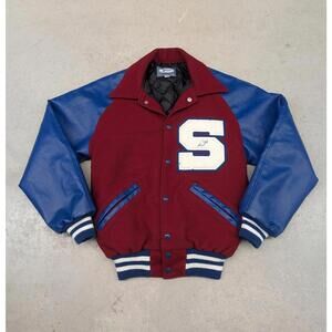 Vintage 90s NEFF Blue and Red Leather Wool Letterman Jacket